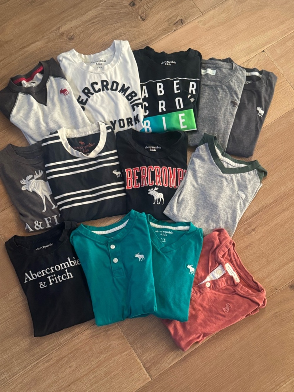 abercrombie kids assorted tees in teal, black, gray, white, green, red, coral